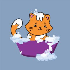 The Cute cat in a bubbles bath in a flat style. Grooming. Pet care illustration for content, label, banner, graphic and greeting card