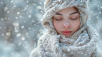 Woman with snow on her face and a knitted scarf, serene in winter, Generated AI. - 766916494