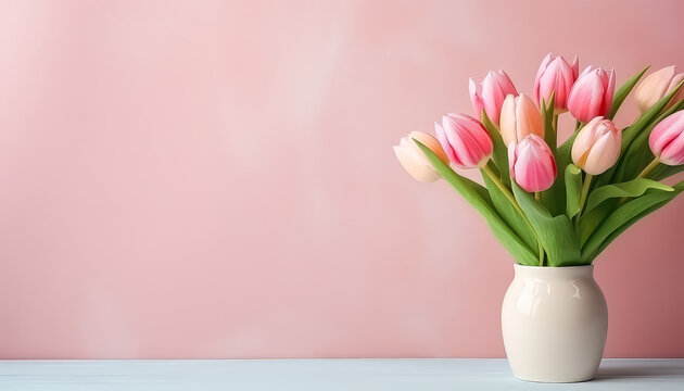 A vase of tulips sits on a table