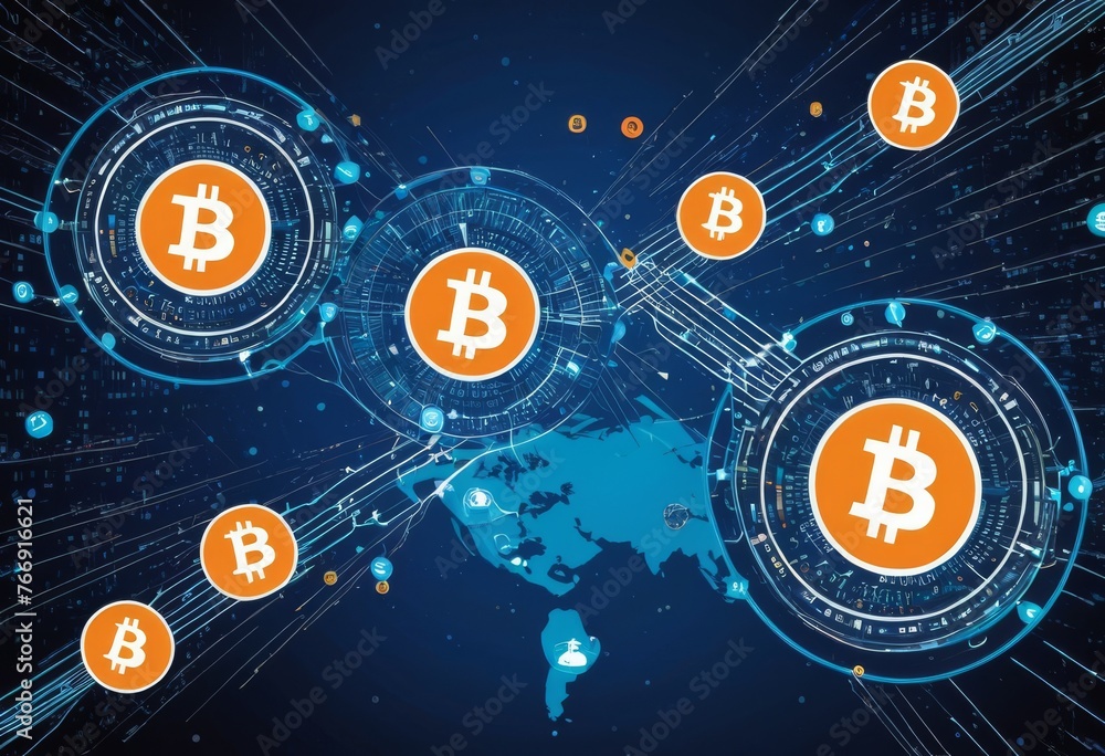 Poster bitcoin icons circulate in a sophisticated digital orbit, representing global cryptocurrency transac