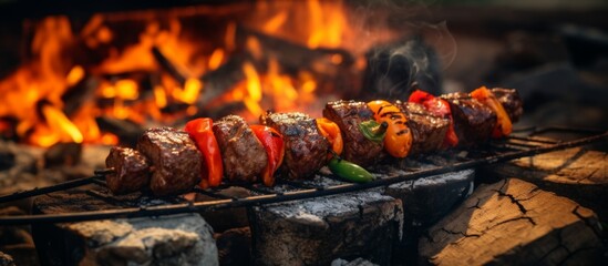 Shish kebabs being grilled over an open flame on an outdoor grill. This traditional dish is a...