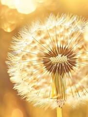 Dandelion at sunset with one seed flying away. Generated AI.