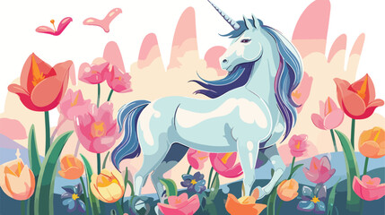Obraz na płótnie Canvas Unicorn in the colorful Tulip garden flat vector isolated