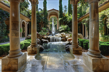 A regal entrance framed by towering stone columns and cascading water features.