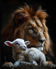 A powerful image of a lion and a lamb together, symbolizing harmony and coexistence. It can be used for religious or wildlife-themed designs.