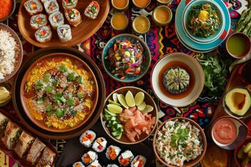 A table filled with an assortment of traditional dishes from different cultures, showcasing a variety of foods - Powered by Adobe