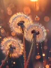 Dandelions with dewdrops at sunrise, bokeh light effect. Generated AI. - 766916856