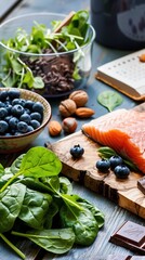 Assortment of healthy foods like chocolate, nuts, salmon, and berries. Generated AI.