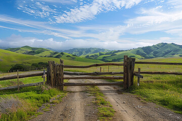 A rustic wooden gate set against a backdrop of rolling hills and serene countryside.