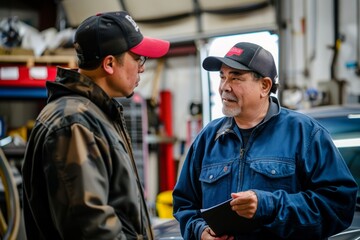 Two mechanics are having a conversation about repair or maintenance recommendations in a busy garage setting