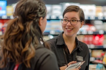 A woman is engaged in conversation with another woman in a store setting, possibly discussing products or services