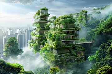 Futuristic greenery-covered buildings amidst a cityscape. Urban planning, architectural design, sustainability initiatives. AI Generated.