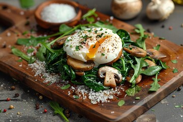 Fried egg on spinach and mushrooms on a wooden board. Generated AI.
