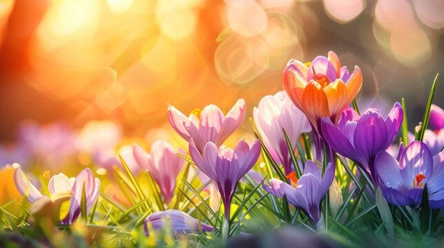 Purple Blooming Crocus Flowers on Bright Spring Background, AI generated image.