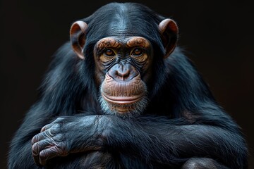 Chimpanzee with a contemplative expression, arms crossed. Generated AI.
