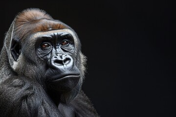 Portrait of a gorilla on a dark background with intense gaze. Generated AI. - 766917232
