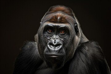 Portrait of a gorilla on a dark background with intense gaze. Generated AI. - 766917253