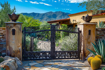 A Southwestern-style gate adorned with intricate ironwork and desert succulents.