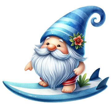 recommend clip art: Watercolor cute gnome surfboard spring summer clipart at beach on transparency background