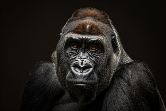 Portrait of a gorilla on a dark background with intense gaze. Generated AI.
