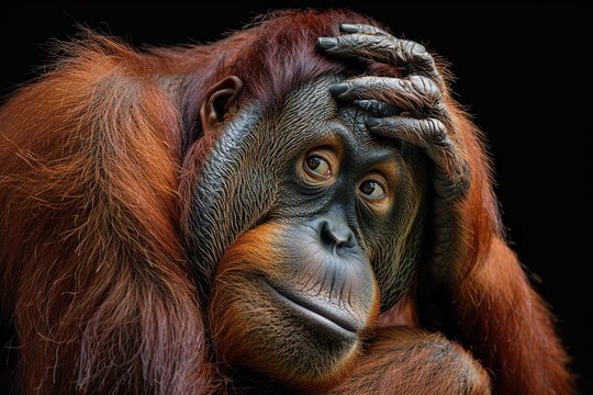 Orangutan with a thoughtful expression, hand on head. Generated AI.