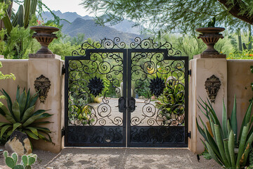 A Southwestern-style gate adorned with intricate ironwork and desert succulents.