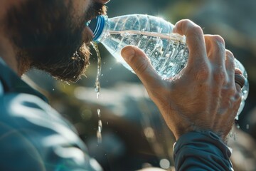 A man hydrating by drinking water from a plastic bottle - obrazy, fototapety, plakaty