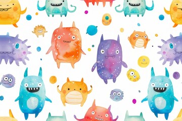 Seamless watercolor pattern with cute monsters on a white background.