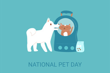 National Pet Day card. Domestic animal holiday design greeting banner, poster. Awareness about shelter for homeless animals. Dog and cat. Vector flat illustration