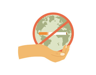 World no tobacco day symbol. Stop smoking element. Cigarette, planet Earth forbidden sign in hand