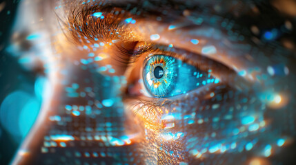 A person's eye is shown in a blue and orange digital pattern. The eye is surrounded by a blurry, colorful background that gives the impression of a futuristic, computer-generated image