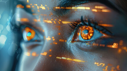 A woman's eyes are glowing with a bright orange hue. The image is a representation of the digital world, with the woman's eyes being the only visible part of her face