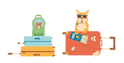 Pets travel set. Trip with cats and dogs. Transportation box and backpack carrier, passport with tickets and domestic animals. Vector illustration