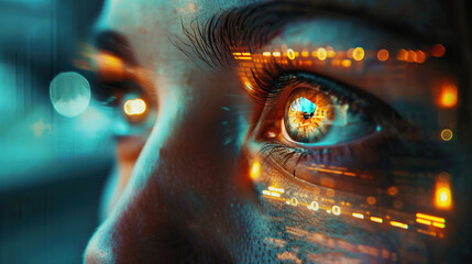 A woman's eye is reflected in a bright orange light. The image is a digital representation of a person's eye, with the reflection of the eye in the orange light