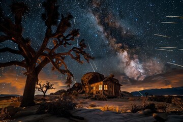 A house stands alone in the desert beneath a starry night sky, quiet and isolated - obrazy, fototapety, plakaty