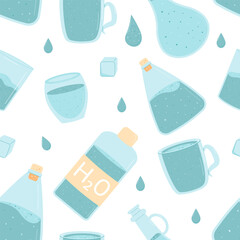 Water seamless pattern. Glasses, jug bottles and cups with clean beverage endless background. Aqua drink repeat cover. Vector flat illustration