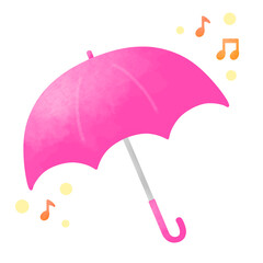 ピンク色の傘と楽しげなオレンジ色の音符のイラスト