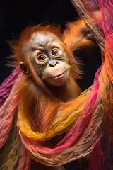 Young orangutan with expressive eyes draped in colorful fabrics. Generated AI.