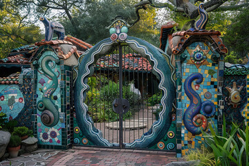 A whimsical gate adorned with colorful mosaic tiles and whimsical sculptures.