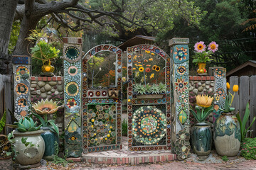 A whimsical gate adorned with mosaic tiles and whimsical ceramic sculptures.