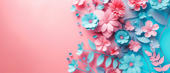 A pink and blue floral background with a pink and blue flower in the foreground