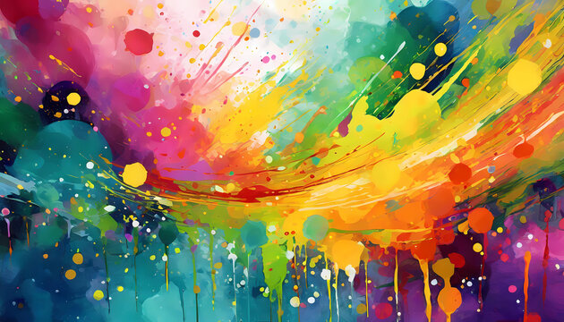 colorful abstract painting background. Bold splatters of various colors, including red, blue, yellow, and green, brushstrokes and drips of paint are visible