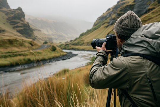 A man stands at the edge of a river, photographing the flowing water and surrounding landscape with a camera