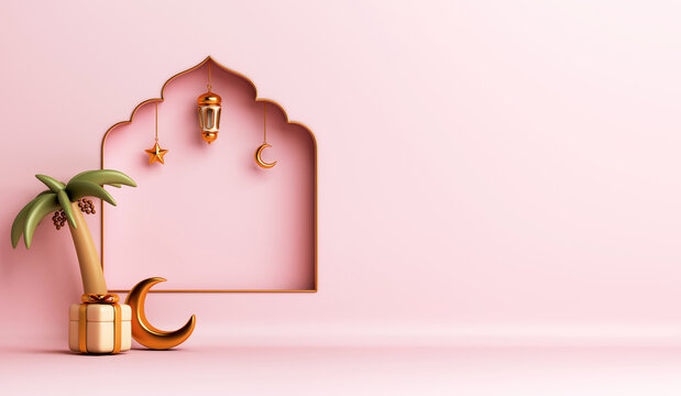 Islamic decoration background with mosque window, lantern, crescent, gift box, dates palm cartoon style, ramadan kareem, mawlid, iftar, isra miraj, eid al fitr adha, muharram, 3D illustration.