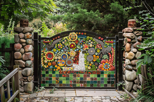 A whimsical gate adorned with colorful ceramic tiles depicting nature-inspired motifs.
