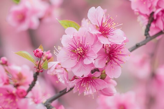 Detailed view of vibrant pink flowers blooming on a tree branch during spring