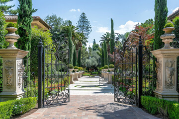Ornate wrought iron gates flanked by lush landscaping and elegant stone pillars.