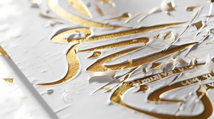 A minimalist composition with the phrase "Ramadan Mubarak" elegantly scripted in golden hues on a clean, white canvas, symbolizing peace and unity.