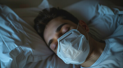 man sleeping on bed with surgical mask, epidemic and pollution crisis concept - obrazy, fototapety, plakaty