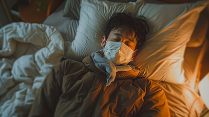 man sleeping on bed with surgical mask, epidemic and pollution crisis concept